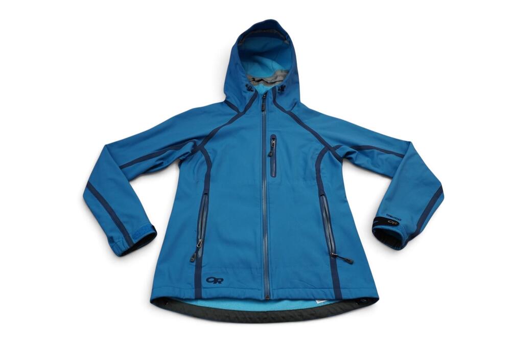Outdoor Research Mithril Jacket Womens Medium Blue Hooded Softshell Ski Snow